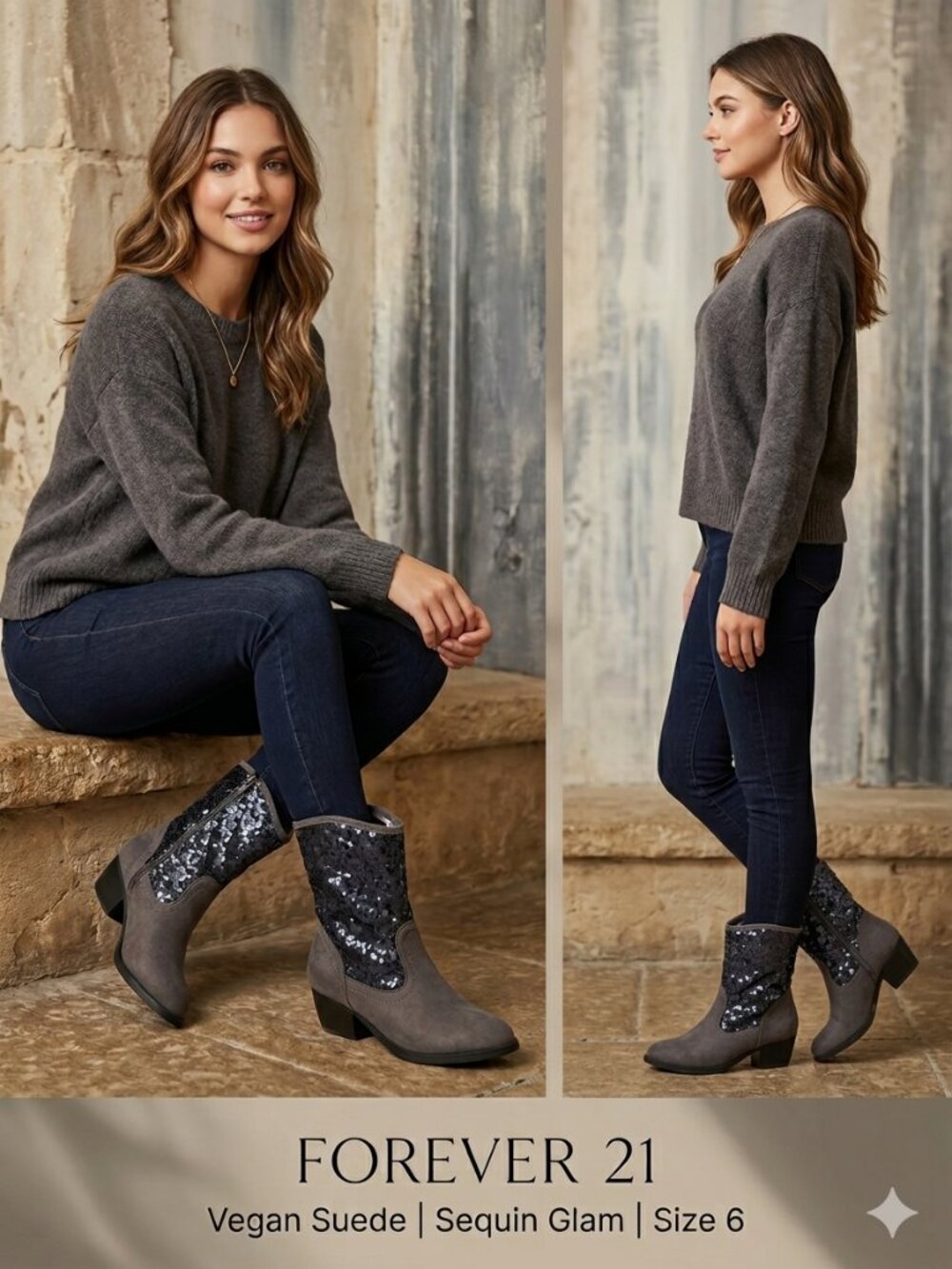 NEW Forever 21 Y2K Glam Gray Sequined Vegan Suede Mid Calf Boots - Size 6